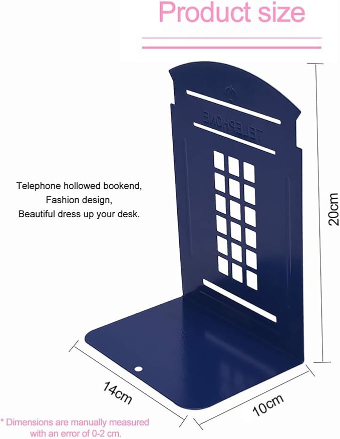MerryNine 6 Pack Book Ends, Metal Bookends for Shelves, Telephone Booth Decorative Bookends, Non Skid Heavy Bookends, Book, Magazine or CD Organizers for Home and Office (Blue-6pcs)
