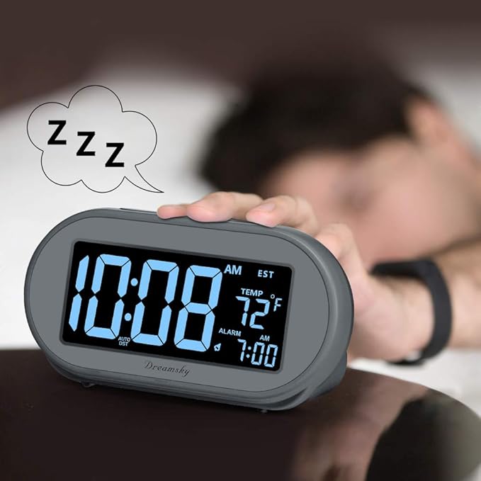 DreamSky Alarm Clocks for Bedrooms, Auto Set Digital Desk Clock for Bedside Nightstand, Electric Clock with Dimmable Brightness Dimmer, Auto DST, USB Port, Date, Temperature, Snooze