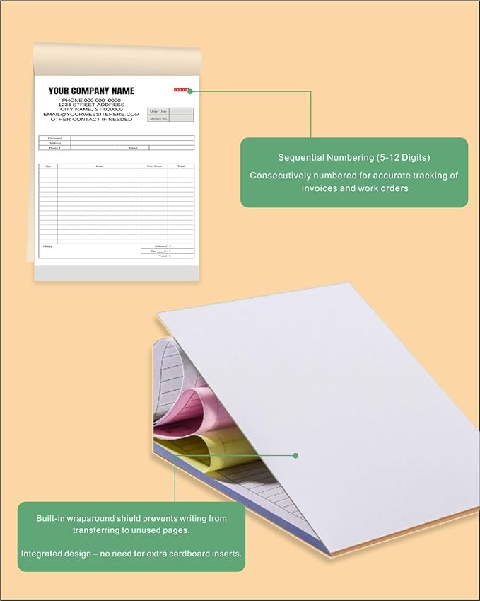 Custom Carbonless Invoice Book with Logo, Personalized Cover & Inner Pages, 2 Part NCR Receipt & Work Order Forms, Easy Tear, Writing Shield for Small Business (2-Part [White/Red], 11.8x8.3INCH)