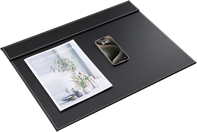 KINGFOM Ultra-Smooth PU Leather Desk Pad & Mat Office Desk Drawing & Writing Board A3/ A4 File Paper Clip Table Protector Mat on Top Large 24''x18'' (Black)