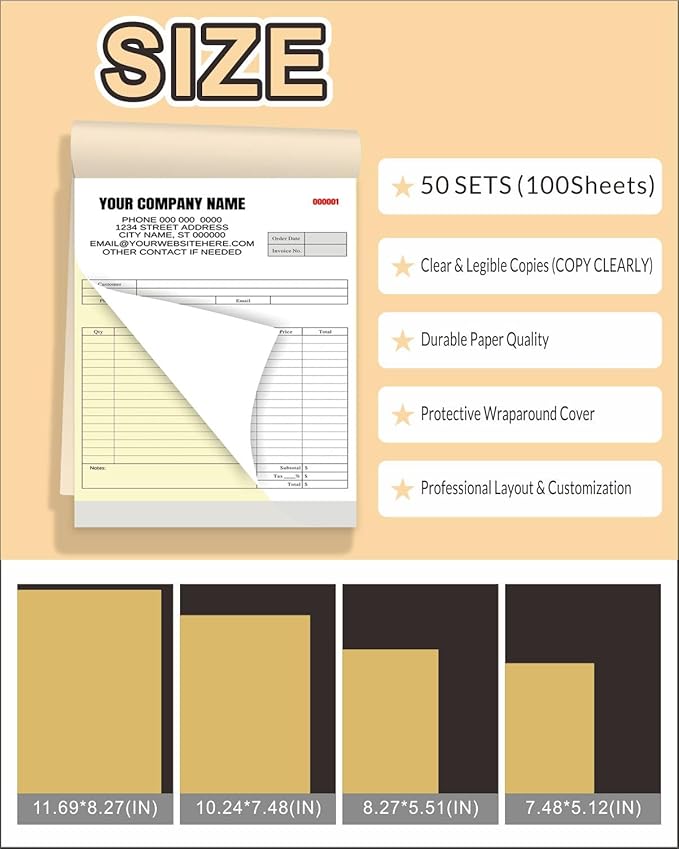 Custom Carbonless Invoice Book with Logo, Personalized Cover & Inner Pages, 2 Part NCR Receipt & Work Order Forms, Easy Tear, Writing Shield for Small Business (2-part [White/Yellow], 10.24*7.48INCH)