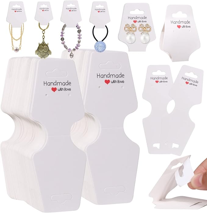 200PCS Necklace Display Cards Self Adhesive Jewelry Packaging Card for Keychain Bracelet Hair Band Fold Over Hanging Holder (White, 1.8x4.7 inches)