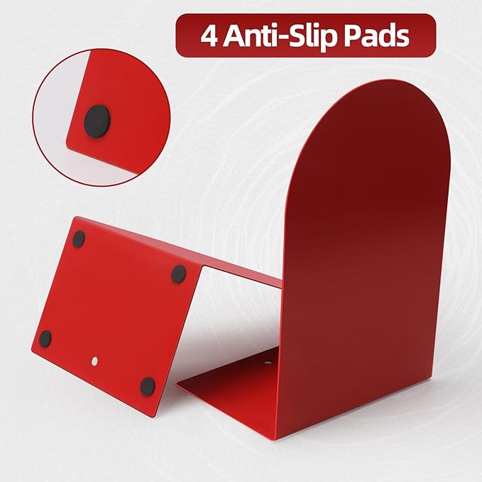 Lulonpon 6 Pieces Book Ends, Bookends, Books Stand, Metal Bookend for Shelves, Red Book Ends for School, Library, Desktop Organizer