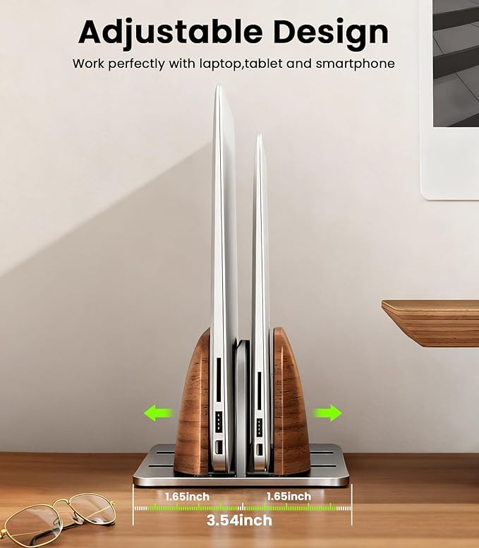 𝟮𝟬𝟮𝟲 𝗨𝗽𝗴𝗿𝗮𝗱𝗲𝗱 Vertical Laptop Stand, [Black Cedar Wood Dual-Slot], Desktop Aluminum Alloy MacBook Stand, Adjustable Base, for MacBook Pro/Air, (up to 17.3-inch gaming laptops), Silver