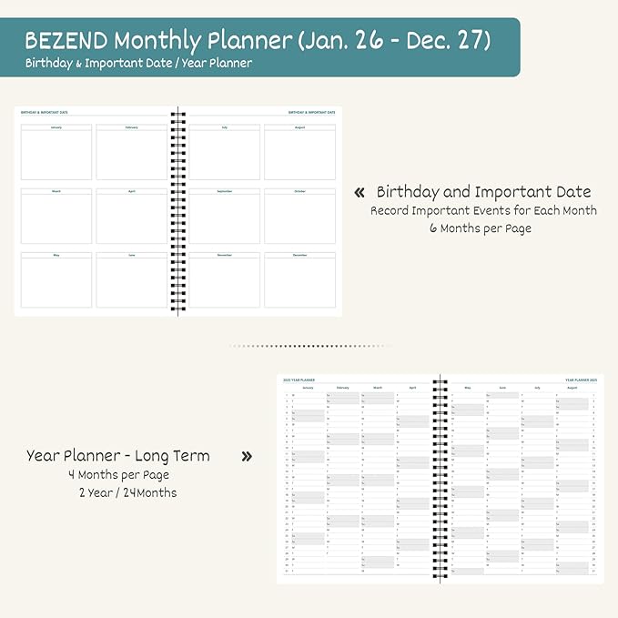 BEZEND Monthly Planner 2026-2027 (Spiral-8.5" x 11") 2 Year Calendar Book with Note Pages - Jan 26 to Dec 27-120 GSM Paper, Inner Pockets, Laminated Tabs, Vegan Leather Softcover - Orange