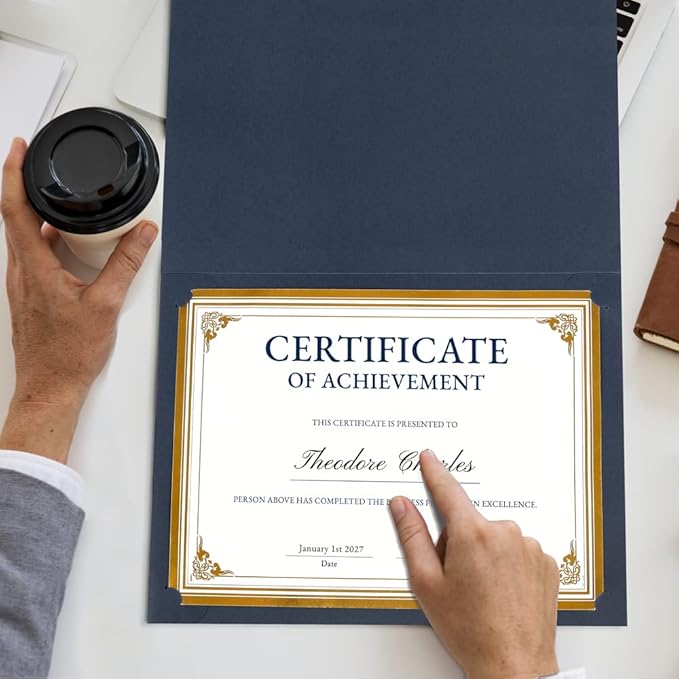 SUNEE 10 Packs Navy Blue Certificate Holders, 250gsm, for 8.5x11 Award Certificates, Certificate Covers with Gold Foil Border