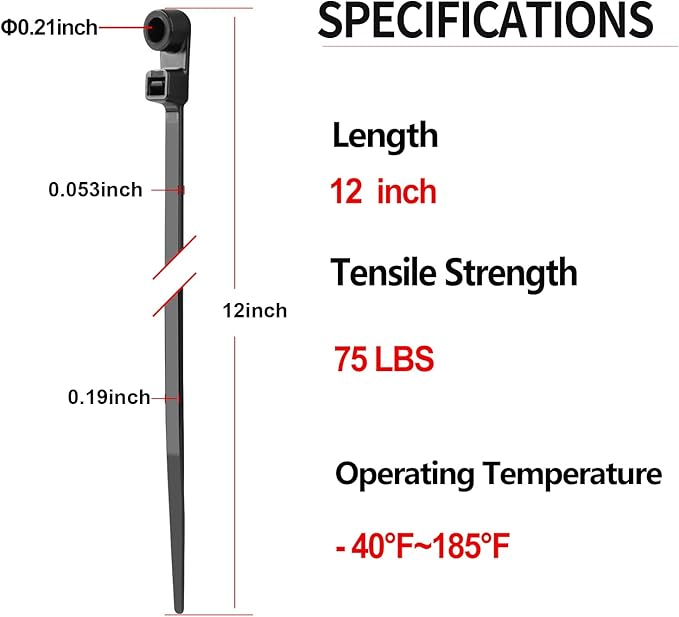 MasiStranth 200 PCS 12 inch Black Zip Ties with Screw Hole 75lbs Mountable head Cable Ties Straps Multipurpose Heavy Duty Nylon Cable Zip Ties with Screw Mounting Hole
