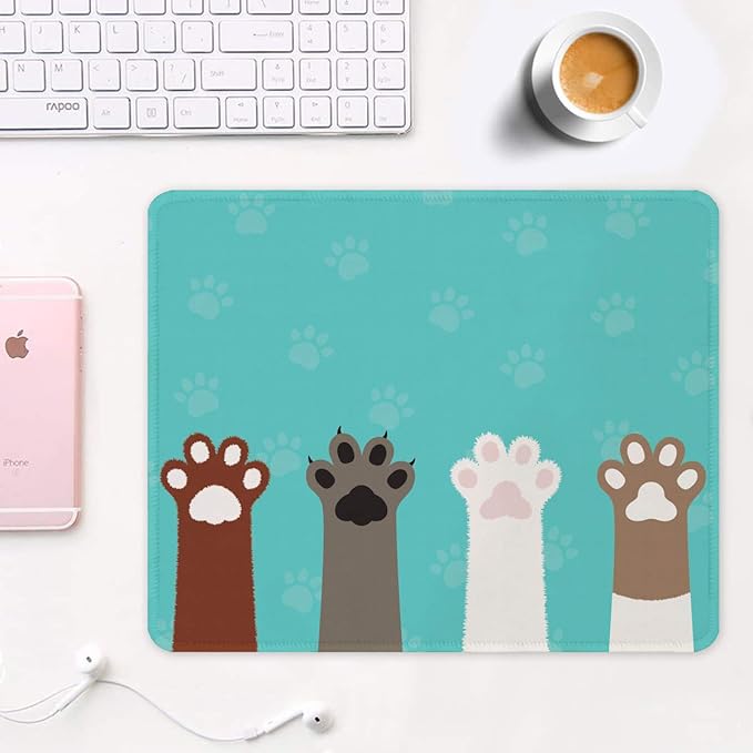 Auhoahsil Mouse Pad, 12 x 10 in Cute Cat Paws Theme Computer Mouse Pad for Desk, Premium-Textured Non-Slip Rubber Stitched Edges Waterproof Square Mouse Mat for Gaming Work Wireless Mice, Green