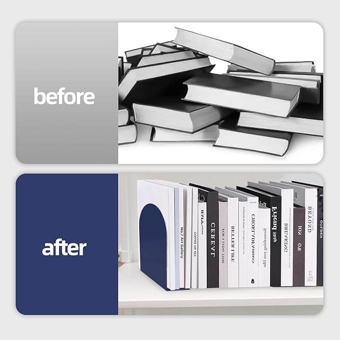Lulonpon 8 Pieces Book Ends, Bookends, Books Stand, Metal Bookend for Shelves, Blue Book Ends for School, Library, Desktop Organizer
