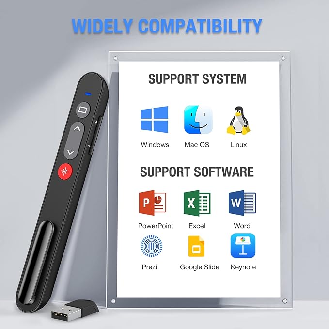 Presentation Clicker, Wireless Presenter Clicker with AAA Battery for PowerPoint Slide with Hyperlink & Volume Control, Presentation Remote for Mac/Computer/Laptop, Google Slide/PPT/Keynote