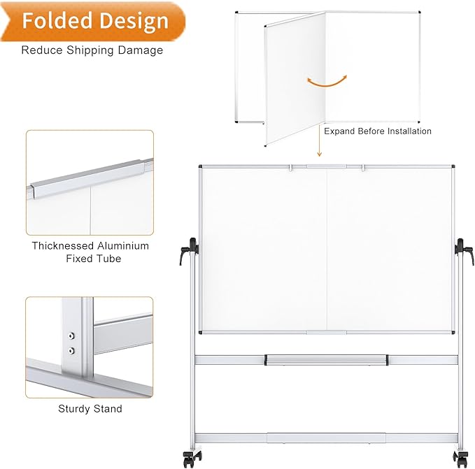 VIZ-PRO Double-Sided Mobile Whiteboard, 72 x 40 Inches, Magnetic Rolling Dry Erase White Board on Wheels with Aluminium Frame and Stand