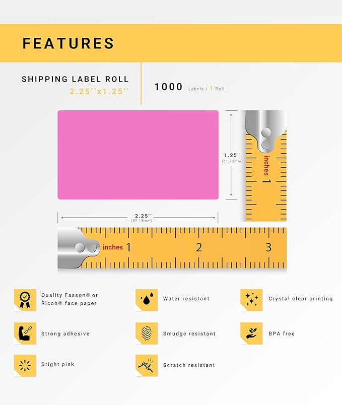 HOUSELABELS 2.25" x 1.25" Pink Address Labels on 1" Core Compatible with Zebra and Rollo Printers, 4 Rolls / 1,000 Labels per Roll