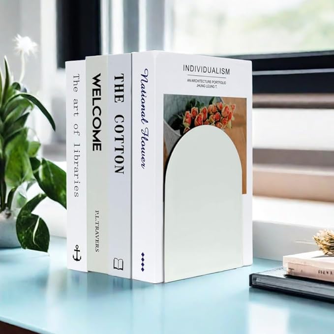 Lulonpon 2 Pieces Book Ends, Bookends, Books Stand, Metal Bookend for Shelves, White Book Ends for School, Library, Desktop Organizer