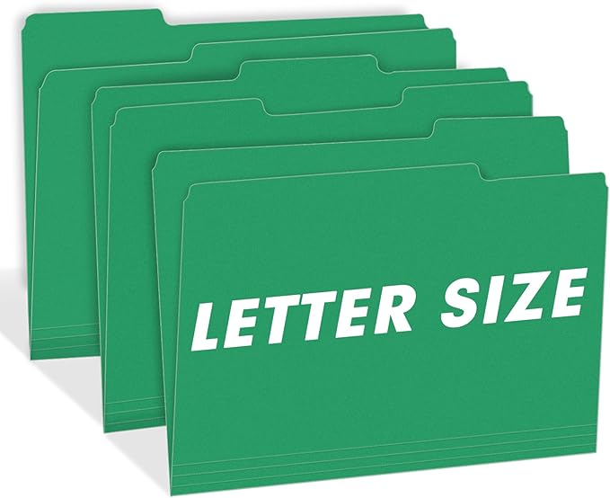 File Folder, RAZCC 100 Pack 1/3 Cut Tab File Folders Letter Size, Creen, Colored Folders with Tab Great for Organizing and Easy File Storage