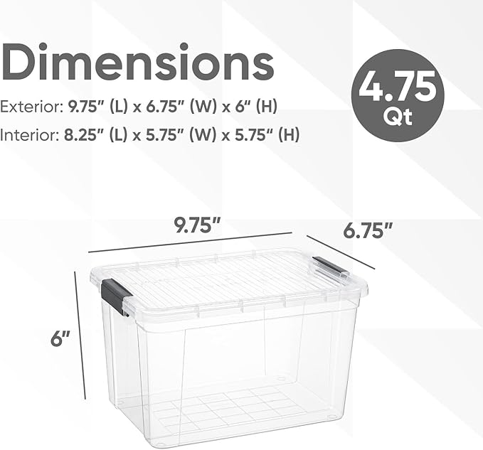 Superio Storage Bins with Lids- 4 Pack, 4.75 Qt Clear Boxes for Organizing, Stackable Plastic Containers- BPA Free, Non-Toxic, Odor Free, Organizer for Home, Office, Dorm