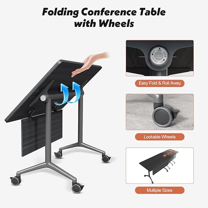 Goakwwuz Conference Room Table, Folding Conference Tables,Thicken Grey Tabletop,Flip Top Wooden Seminar Meeting Room Table for Conference Room Offices (4, BlackWoodGrain, 55.1”)