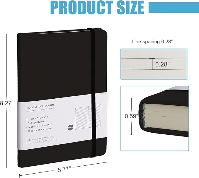 EMOMAS Lined Journal Notebook – Hardcover Notebook for Men & Women – Journals for Writing, Work, School, Home & Daily Notes, 160 Pages – Medium A5, 5.7"x8", 100 gsm Thick Paper (Black)