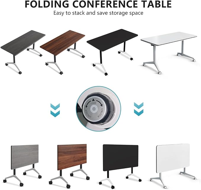 Goakwwuz Conference Room Table, Folding Conference Tables,Thicken Grey Tabletop,Flip Top Wooden Seminar Meeting Room Table for Conference Room Offices (8, Black+White, 55.1”)