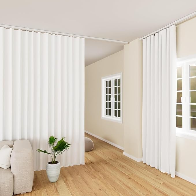 hoeflife Room Divider Curtains Blackout Floor to Ceiling Curtain with Hook Wall Mount Sliding Door Curtains Ceiling Mount Extra Wide Curtain Wall Divider for Room Separation(Greyish White,W150xH84in)