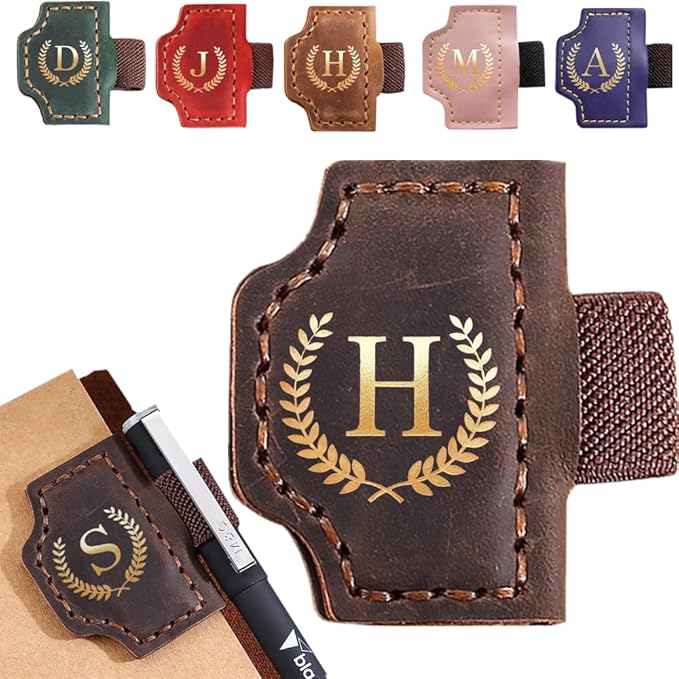 Personalized Mark Bookmark with Pen Holder, Leather Magnetic Book Marker 26 Letters,Custom Initials Page Marks, Gifts for Book Lovers Readers Men Women (Coffee, H)