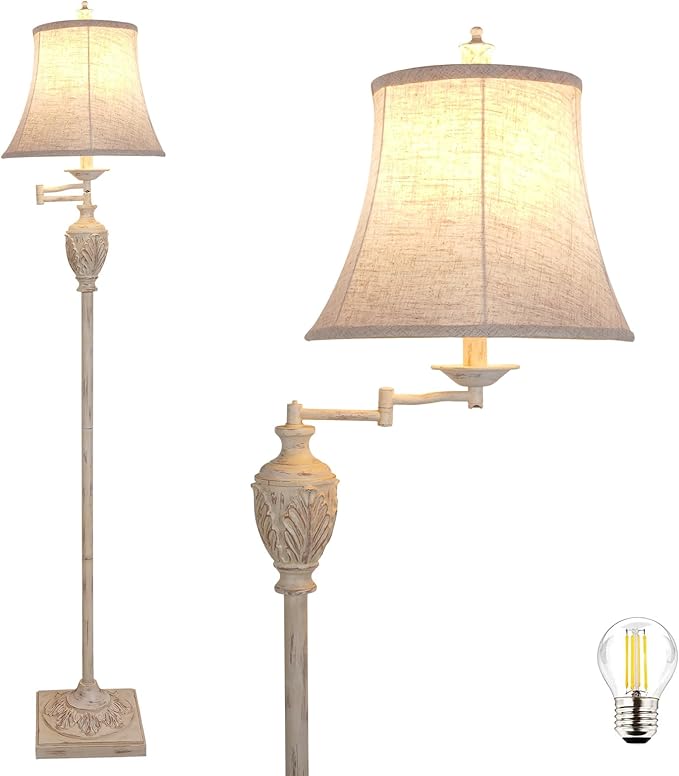 Traditional LED Floor Lamp with 350° Adjustable Swing Arm Lamp – Vintage Pole lamp Swing arm for Living Room, Bedroom and Office – Rustic Upright Floor Light for Home Décor with Faux Silk Fabric Shade