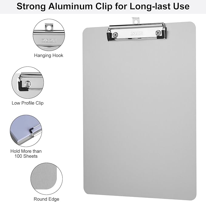 ZCZN Metal Clipboards, 6 Pack Heavy Duty Aluminum Clipboards 12 x 9 Inches, A4 Letter Sizer Document Holder with Low Profile Clip, Suitable for School, Office, Jobsite or Medical Staff, Silver
