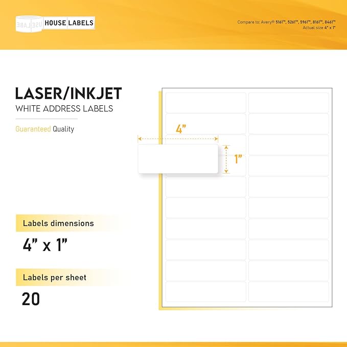 HOUSELABELS 20-up Shipping Labels (4" x 1") for Laser and Inkjet Printers, 700 Sheets