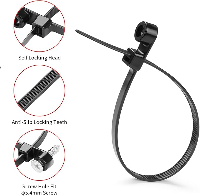 MasiStranth 1000 PCS 12 inch Black Zip Ties with Screw Hole 70lbs Mountable head Cable Ties Straps Multipurpose Heavy Duty Nylon Cable Zip Ties with Screw Mounting Hole