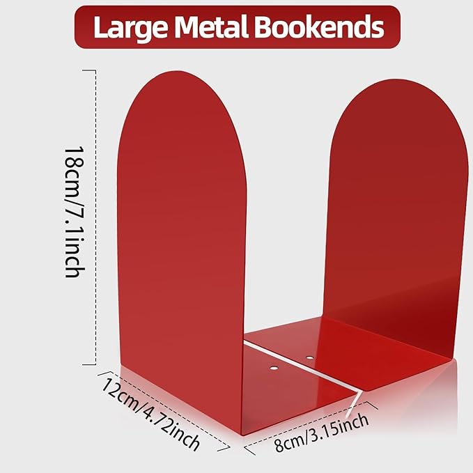 Lulonpon 8 Pieces Book Ends, Bookends, Books Stand, Metal Bookend for Shelves, Red Book Ends for School, Library, Desktop Organizer