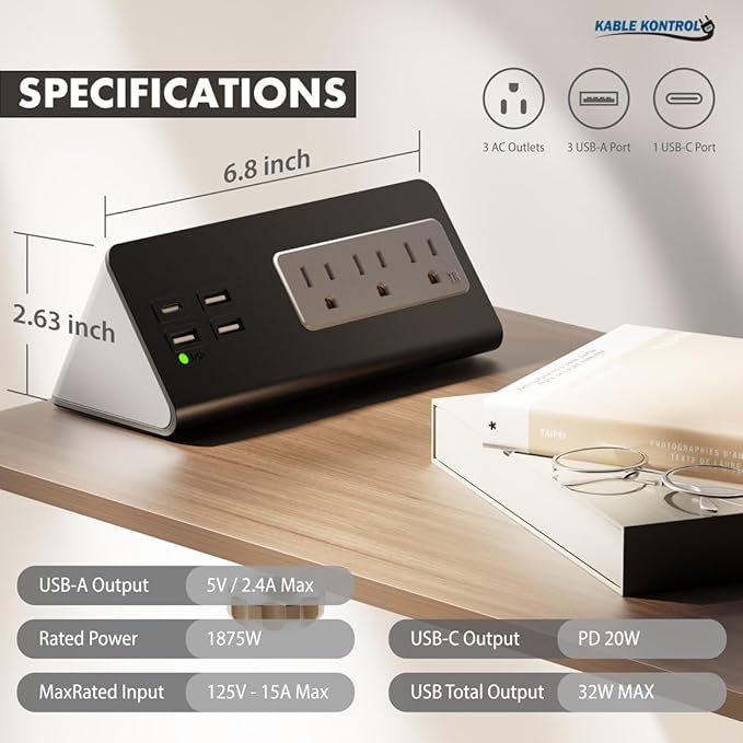 Kable Kontrol Desk Clamp Power Strip with USB-C Port, Nightstand Charging Station, 3 AC Outlets, 3 USB-A Ports, Fast Charger, Easy Installation for Home, Offices, Hotels – 4.9 Ft, Black, 100 Pcs