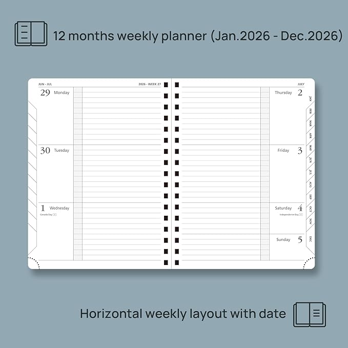POPRUN 2026 Weekly and Monthly Planner Calendar, January 2026 - December 2026,Medium-6.75" X 8.75" Spiral Bound Appointment Book, Includes Monthly Tabs, Inner Pocket,Soft Cover - Black