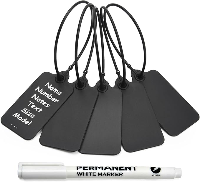 100 Black Blank Plastic Tags for Labeling Waterproof Hanging Labels Writable Tags Seal Plastic Marking Label for Clothes Bags Keys Inventory with One Marker Pen