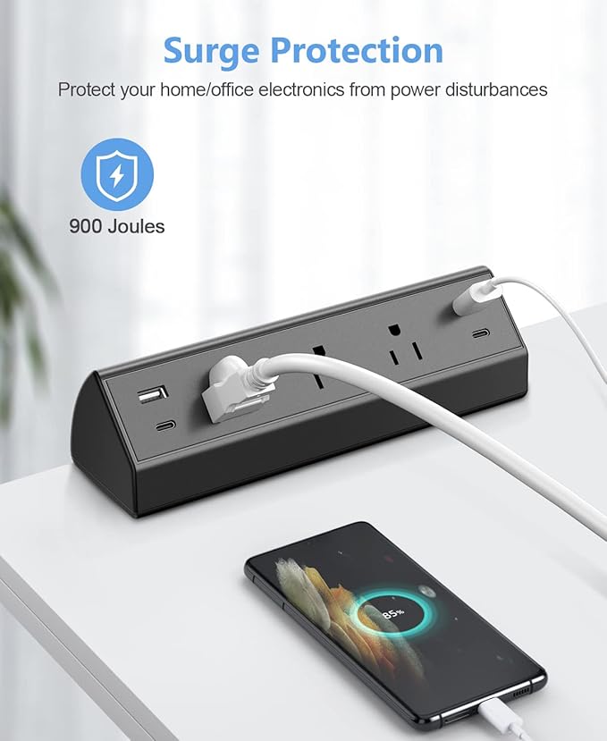 Desk Clamp Power Strip,40W Fast Charging Station,Desktop Mount Surge Protector,2 PD 20W USB C Ports,3 Outlets for Home,Office,Fit 1.9" Tabletop Edge (Black, 3 Outlets & 4 USB Ports & 15 FT Cable)