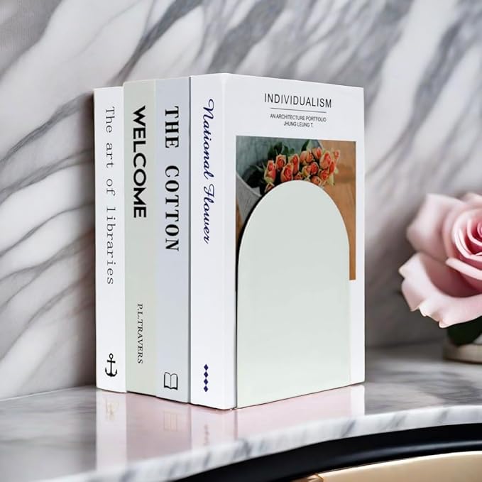 Lulonpon 4 Pieces Book Ends, Bookends, Books Stand, Metal Bookend for Shelves, White Book Ends for School, Library, Desktop Organizer