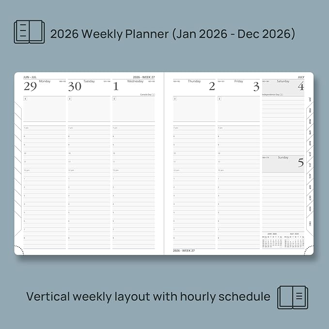 POPRUN 2026 Planner (Large - 8.5'' x 10.5'') - 2026 Weekly Calendar (Jan. 2026 - Dec. 2026) with Hourly Time Slots, Weekly/Monthly Appointment Book for Time Management - Leather Soft Cover - Grey