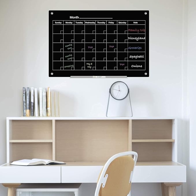 J&J worldwide Magnetic Whiteboard Calendar, 3' x 2' Blsck Glass Wall Calendar Dry Erase Board Monthly Planner for Home, School, Office, Frameless, with Markers, Marker Tray, Eraser, Magnets