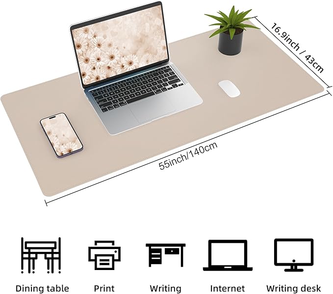 AFIING Leather Desk pad Protector, Large Non-Slip Office Desk Mat with Natural Cork & PU Leather, Waterproof Writing Mouse Pad for Office and Home (55in*17in,Beige)