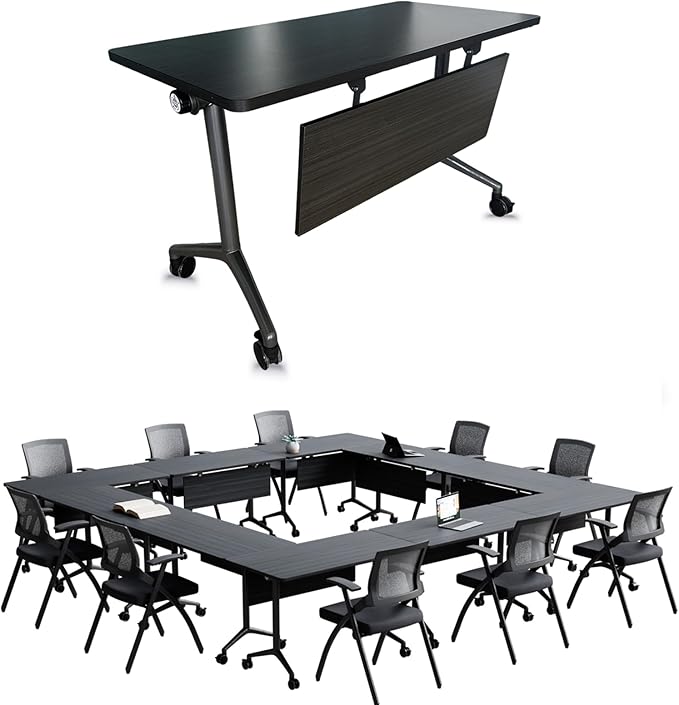 Goakwwuz Conference Room Table, Folding Conference Tables,Thicken Grey Tabletop,Flip Top Wooden Seminar Meeting Room Table for Conference Room Offices (4, BlackWoodGrain, 47.2“)