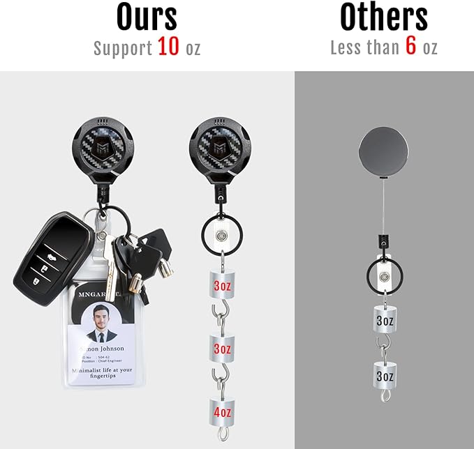 MNGARISTA Upgraded Heavy Duty Retractable Keychain with Belt Clip, 10 OZ Retraction, 31.5" Stainless Steel Cord, 3K Carbon Fiber ID Badge Reel with Badge Strap and Key Ring
