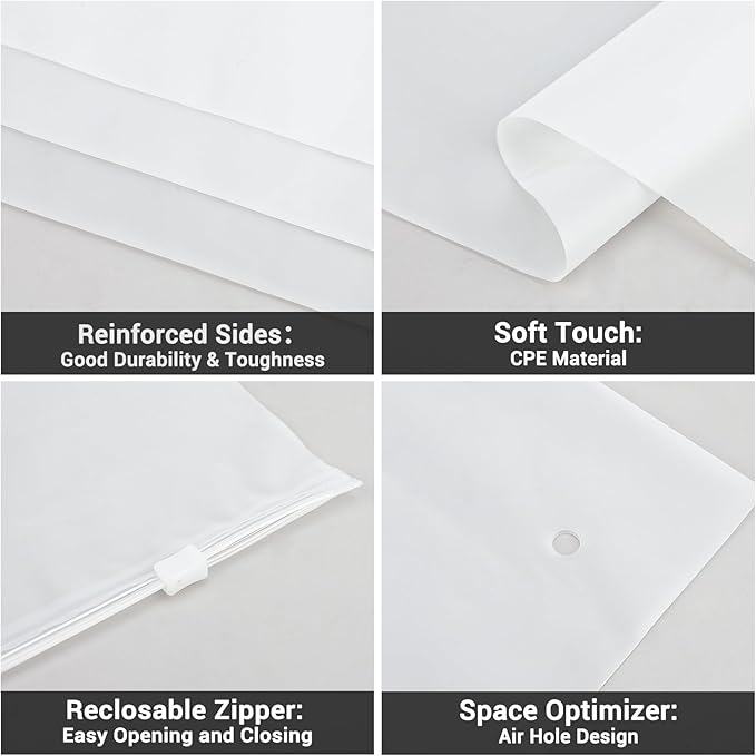Svaldo Clothing Bags, 50 Count 20x24 inch Jumbo Extra Large Frosted Zipper Plastic Bags for Clothes, Sweater Dress, Backpack, Blanket, T Shirt Packaging Shipping, 3 Mil, with Vent Holes