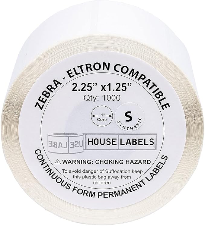 HOUSELABELS 2.25" x 1.25" Address Labels on 1" Core in Polypropylene Compatible with Zebra and Rollo Printers, 4 Rolls / 1,000 Labels per Roll