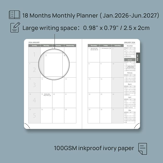 POPRUN Pocket Monthly Planner 2026-2027 (Pocket- 4''x 6.25'' Soft Leather Cover) - 18 Month Calendar Book for Purse (Jan.2026 - Jun. 2027), 100 GSM Thick Paper - Pacific Green