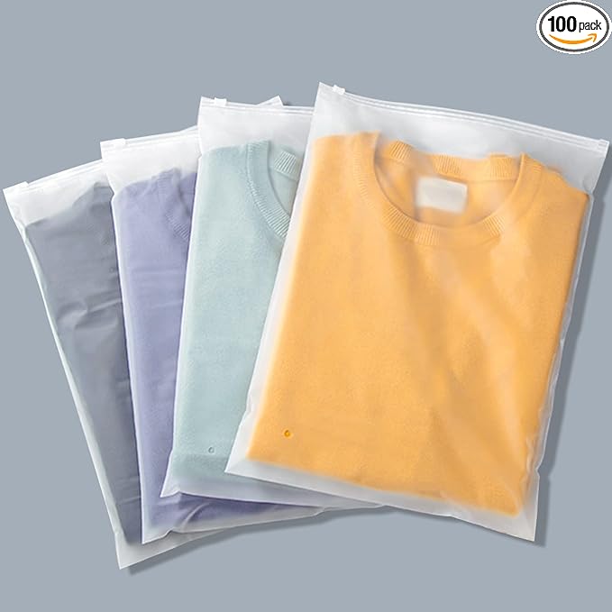 Svaldo T-Shirt Bags for Packaging, 100PCS 8x12 Inch Frosted Poly Plastic Packaging Bags, 3 Mil Apparel Business Packing Bag with Resealable Zip Lock for Storing Underwear Leggings Panties Toiletries
