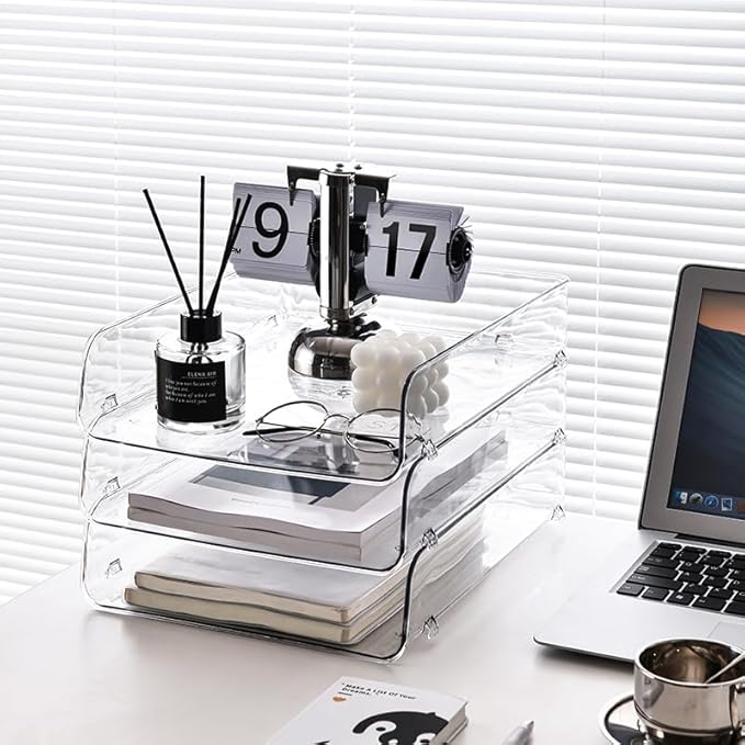 Gagee 2 Pack Paper Organizer for Desk,Clear Stackable Paper Sray Holder ﻿, Office Desk Organizer for Notes, Pens, File, Document