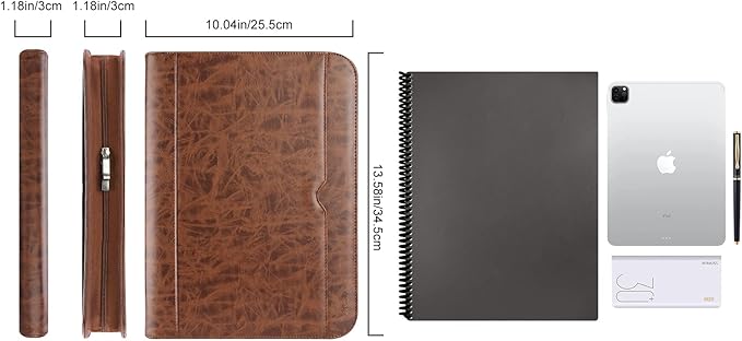 ProCase Portfolio Business Padfolio Folder with Zipper, Conference Meeting Executive File Legal Document Organizer with Pockets Letter Size A4 Writing Pad Notepad Padfolio -Brown