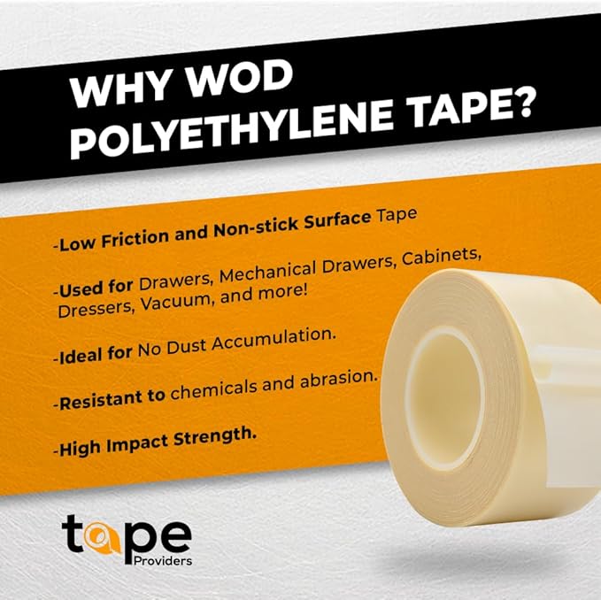 WOD SPT7A UHMW Polyethylene Transparent Film Slick Tape, 1/2 inch x 10 ft. Aggressive Adhesive - Ideal For Squeak Reduction, Drawers, and Bearings