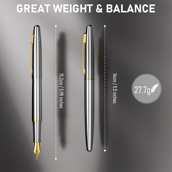 Nicpro Fountain Pen Set with Box, Classic Silver-Gold Fancy Pen with Converter, 0.7mm Medium Nib Smooth Writing Calligraphy, Office, Business, Luxury Gift Pen