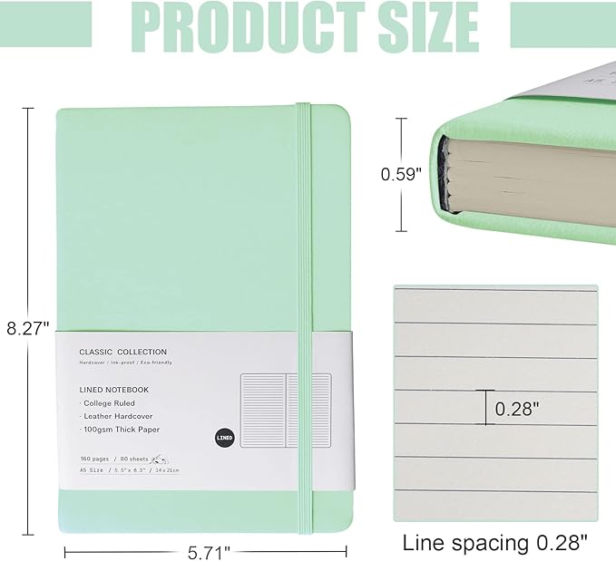 EMOMAS Lined Journal Notebook – Hardcover Notebook for Men & Women – Journals for Writing, Work, School, Home & Daily Notes, 160 Pages – Medium A5, 5.7"x8", 100 gsm Thick Paper (Eggshell Green)