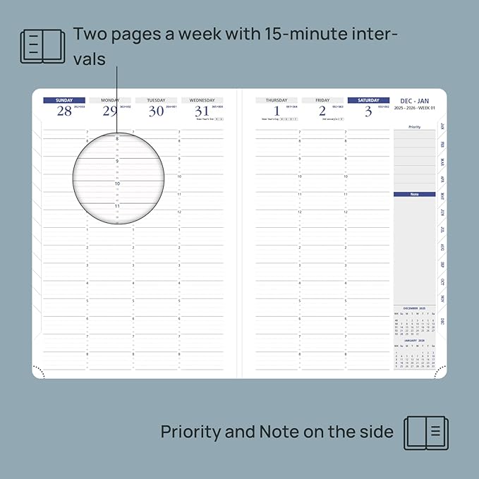POPRUN 2026 Weekly Planner (A4 Size-8.25'' x 11.75''), 15-Minute Appointment Book (Jan 2026-Dec 2026) with Monthly Tabs, Inner Pockets, Pen Holder, PU Leather Softcover, 100GSM - Dark Green