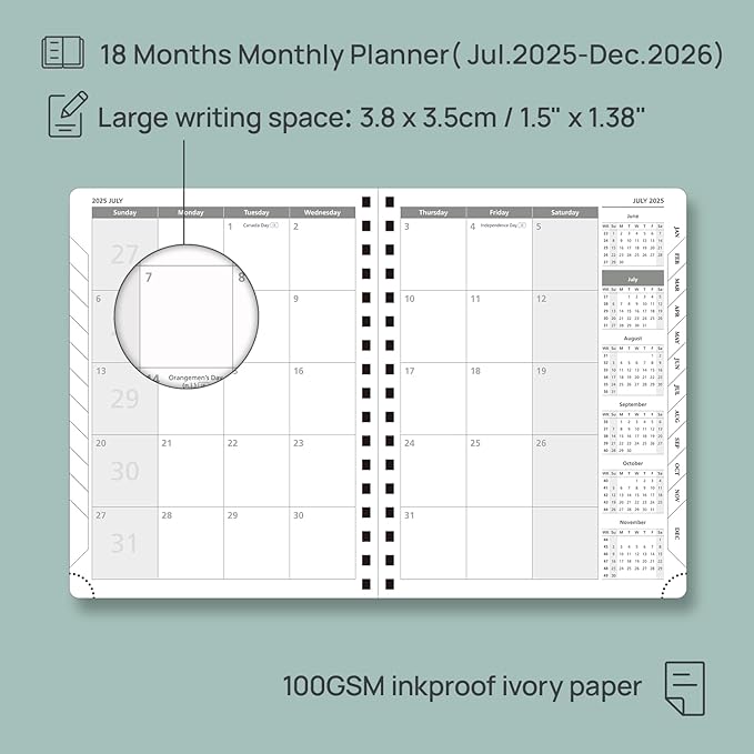 POPRUN Monthly Planner 2025-2026 Spiral Bound (6.5"x 8.5") 18 Months Calendar (Jul 2025 - Dec 2026) - 4 Pages per Month with Monthly Expense & Notes, Sunday Start, Leather Cover - Brown